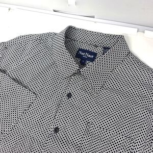 Nat Nast Short Sleeve Button Up Shirt Black White Geometric Rayon Men's Size XL.